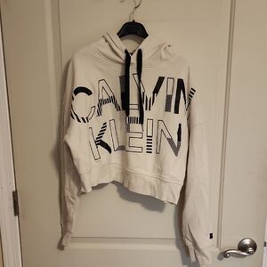 Calvin Klein Cream Cropped Hoodie with Black Lettering